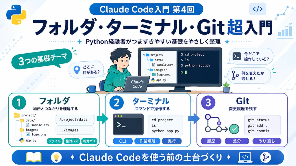 Claude Code入門としてフォルダ、ターミナル、Gitの基礎を整理したインフォグラフィック