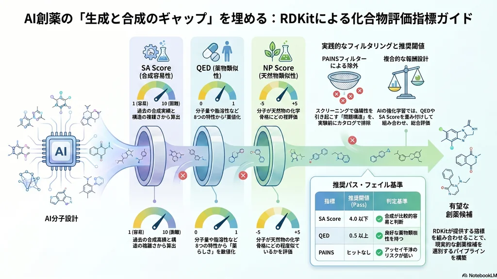 AI創薬における生成と合成のギャップを埋めるためのRDKit評価指標を示した図。SA Score、QED、NP Score、PAINSフィルターを用いた創薬候補選定フローを解説
