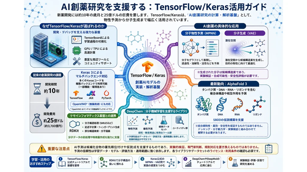 TensorFlowとKerasを活用したAI創薬研究支援の概要図