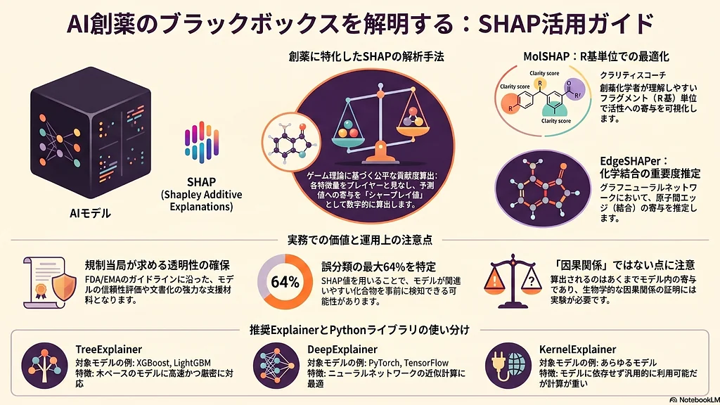 AI創薬におけるSHAPの活用を解説したインフォグラフィック。ブラックボックス化したAIモデルに対し、SHAP、MolSHAP、EdgeSHAPer、TreeExplainer、DeepExplainer、KernelExplainerを用いて予測根拠を可視化する考え方を示している。
