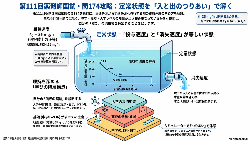 第111回薬剤師国家試験問174の定常状態を、水槽の出入りのつりあいと学びの階層構造で解説したインフォグラフィック