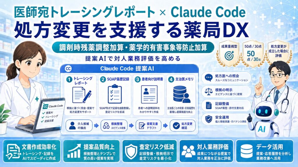 医師宛トレーシングレポートをClaude Codeで作成支援し、処方変更、調剤時残薬調整加算、薬学的有害事象等防止加算に対応する薬局DXのアイキャッチ画像