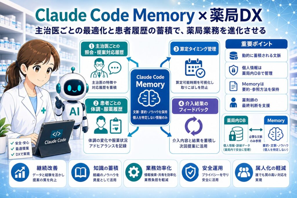 Claude Code HooksとMemoryを活用した薬局DXの業務フロー連携と患者履歴管理のインフォグラフィック