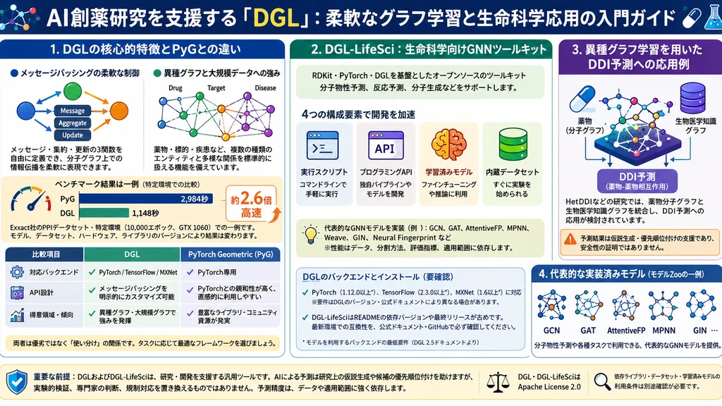 DGLとDGL-LifeSciによる柔軟なグラフ学習と生命科学応用を解説したインフォグラフィック