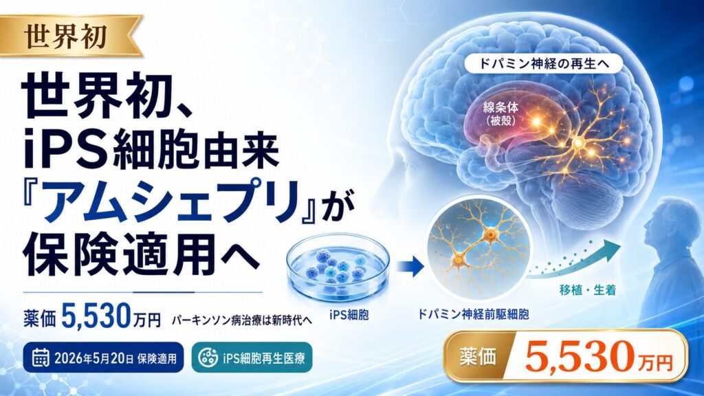 世界初のiPS細胞由来再生医療製品アムシェプリの保険適用と薬価5,530万円を示す、パーキンソン病治療向けの医療イメージ画像