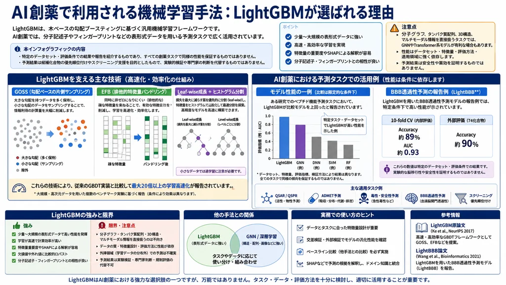 AI創薬で利用される機械学習手法LightGBMの特徴、活用例、強みと限界をまとめたインフォグラフィック