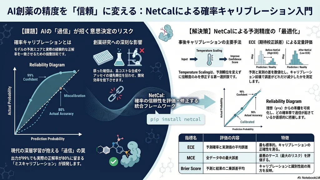 AI創薬における予測確率の過信を、NetCalによる確率キャリブレーションで補正し、信頼性を高める流れを示した図