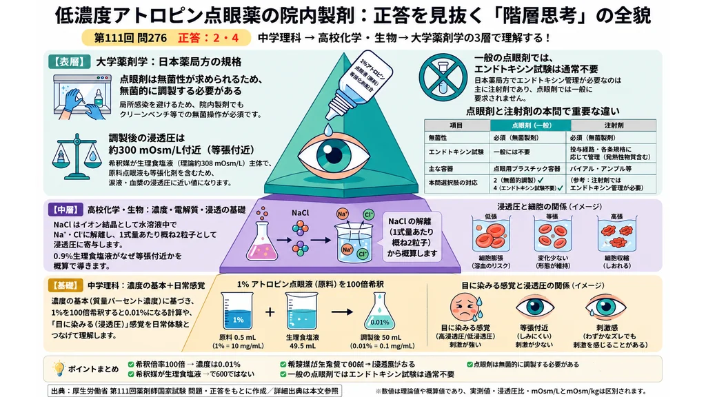 低濃度アトロピン点眼薬の院内製剤について、無菌性、浸透圧、希釈計算を階層的に解説した図解