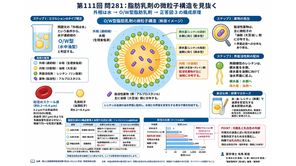 O/W型脂肪乳剤の微粒子構造と薬物分布を解説した教育用インフォグラフィック