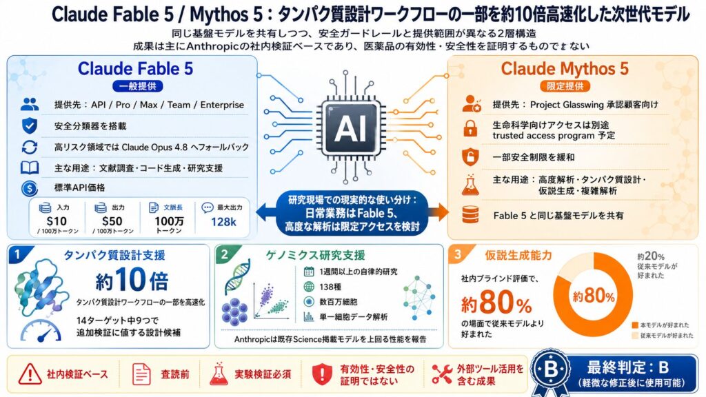 Claude Fable 5とMythos 5のAI創薬応用を視覚化したインフォグラフィック。タンパク質設計14ターゲット中9つで追加検証に値する設計候補、分子生物学仮説の80%支持、138種数百万細胞のゲノミクス研究、そしてFable 5一般公開とMythos 5限定公開（Project Glasswingと生命科学向けtrusted access programで限定提供中）の2層提供構造を整理