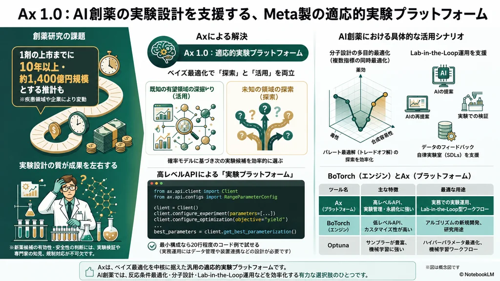 Ax 1.0によるAI創薬の実験設計支援と適応的実験プラットフォームの概要図