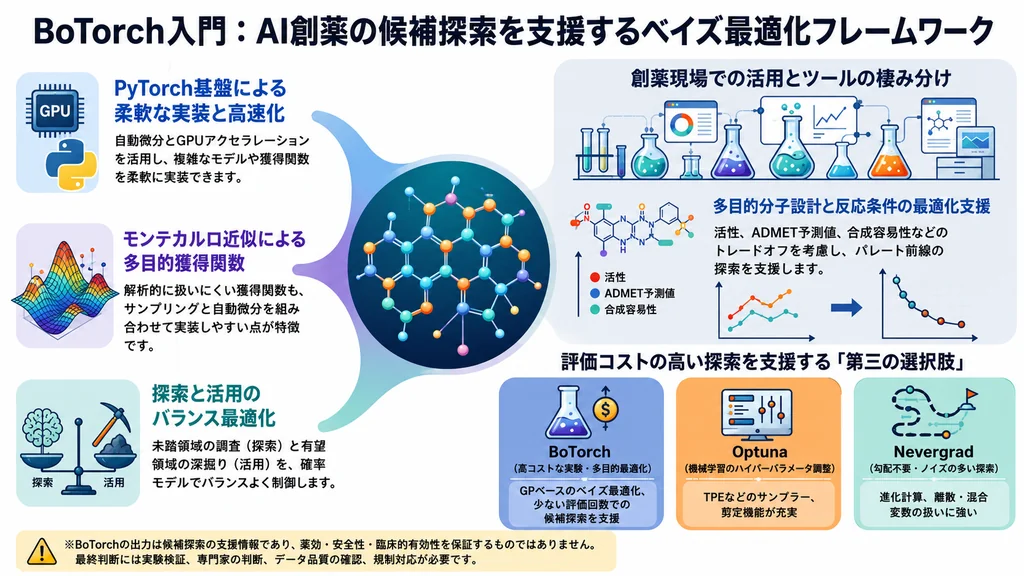 BoTorchによるAI創薬候補探索を支援するベイズ最適化フレームワークの解説図