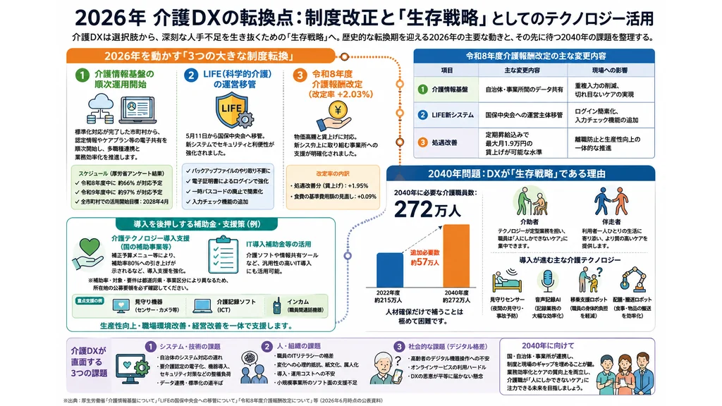 2026年の介護DX制度改正と2040年問題に向けたテクノロジー活用をまとめたインフォグラフィック