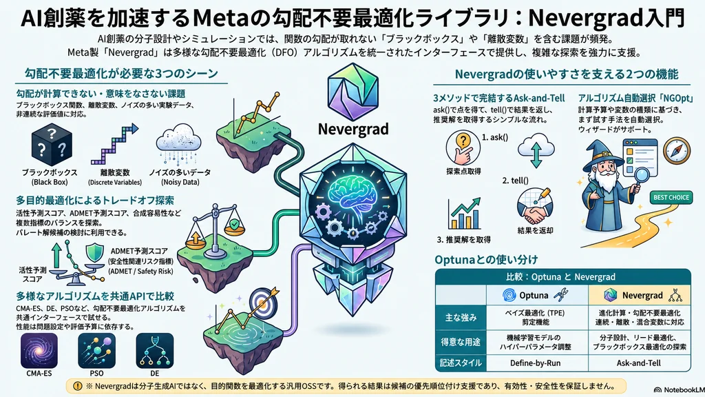 AI創薬を加速するMetaの勾配不要最適化ライブラリNevergradの概要図