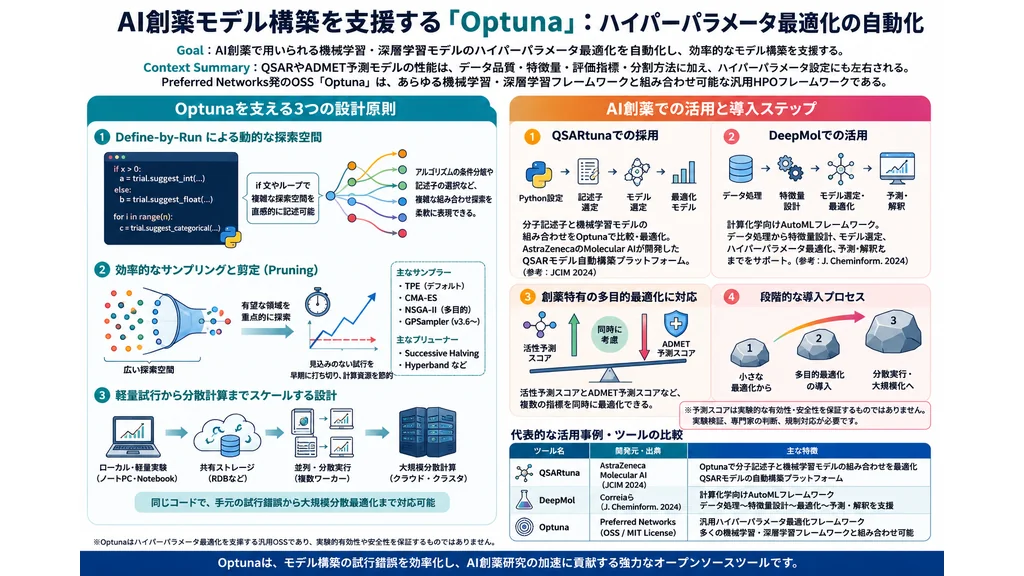 AI創薬モデル構築を支援するOptunaによるハイパーパラメータ最適化の概要図
