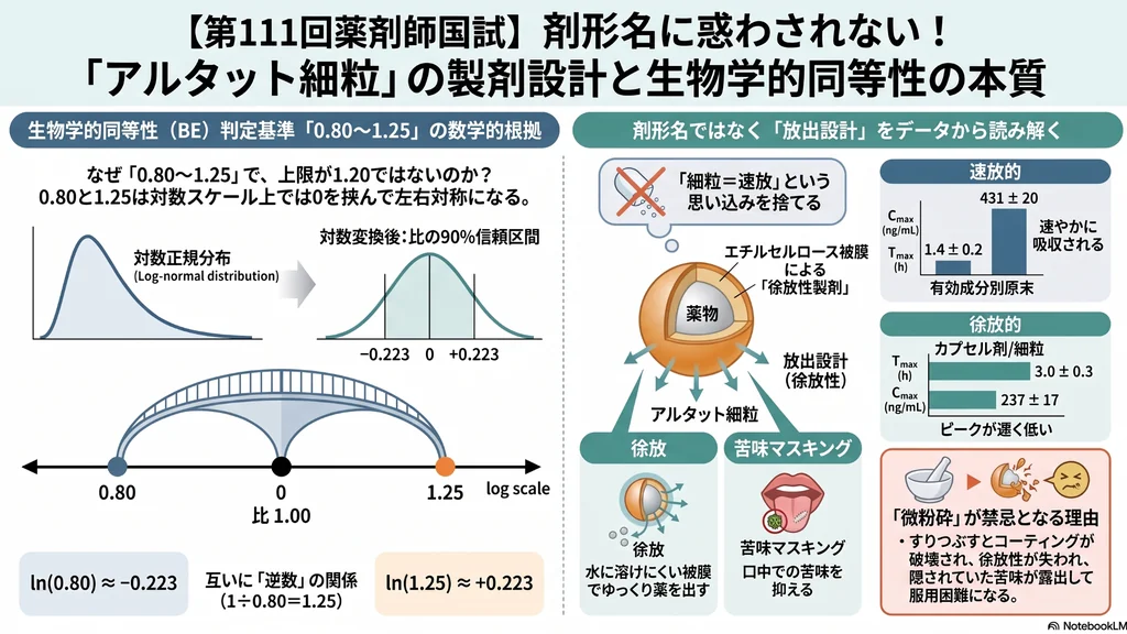 第111回薬剤師国家試験のアルタット細粒について、製剤設計と生物学的同等性の判定基準を解説した図