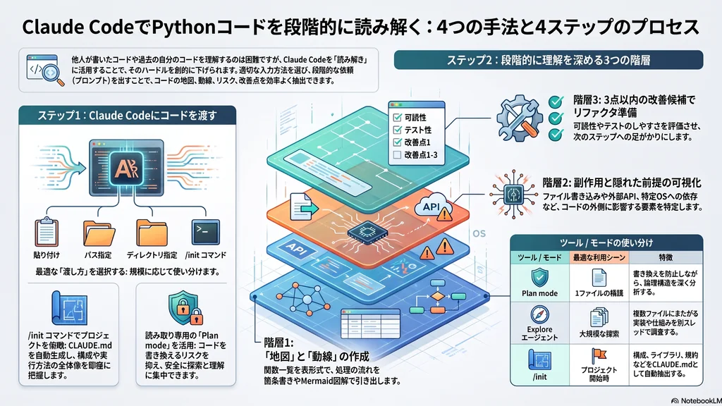 Claude CodeでPythonコードを段階的に読み解く4つの手法と4ステップを説明する図解